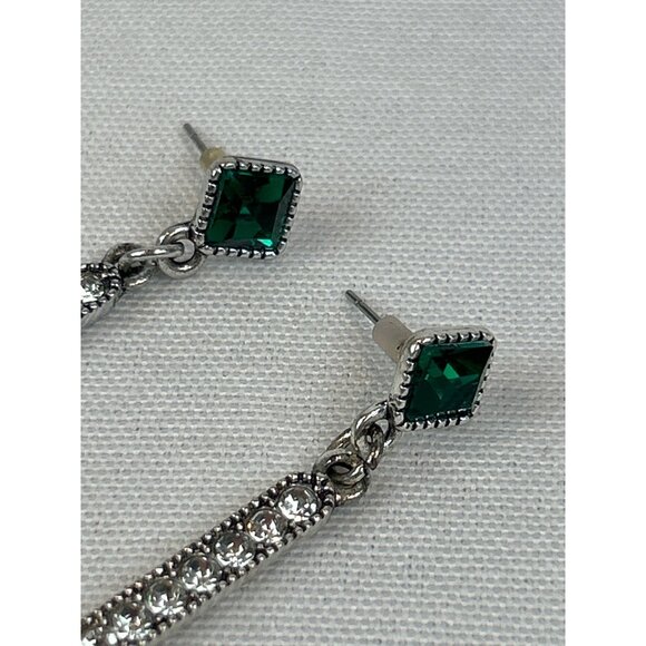 Vintage Style Emerald Green Rhinestone Drop Earrings Pierced Silver Tone Metal 3 - Picture 4 of 6